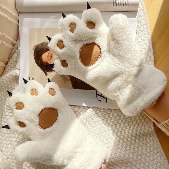 None Accessories - Fuzzy Bear Paws Gloves | Unisex Cat Paw Plush Fleece Mittens Cosplay #789